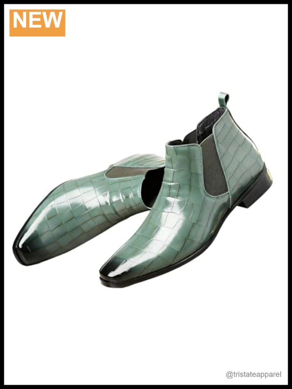 Men's Leather Print Chelsea Boots Pointed Toe Slip-On Chunky Heel Ankle